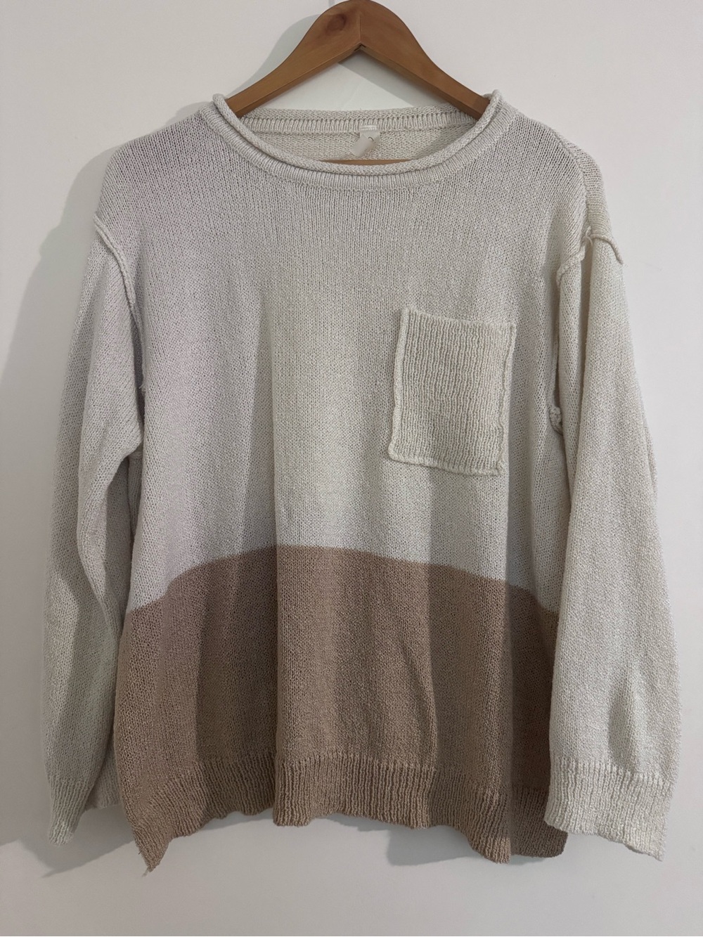 Women's Two-Tone Crewneck Sweater in Cream and Brown